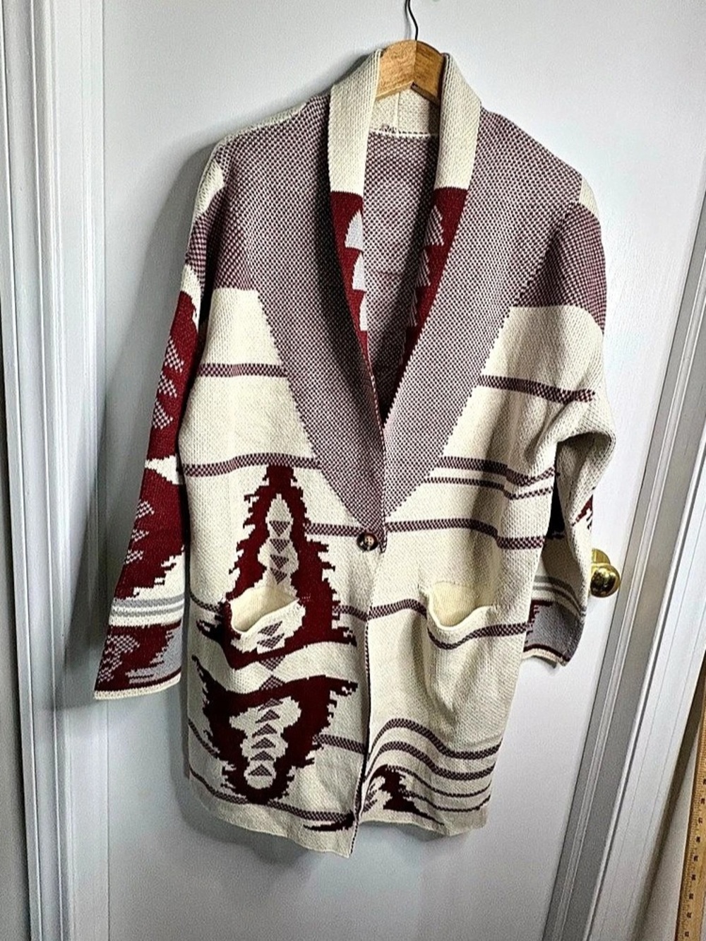 Southwest/Aztec/Geometric Sz 2X One-Button Shawl Collar Cardigan Tribal Boho